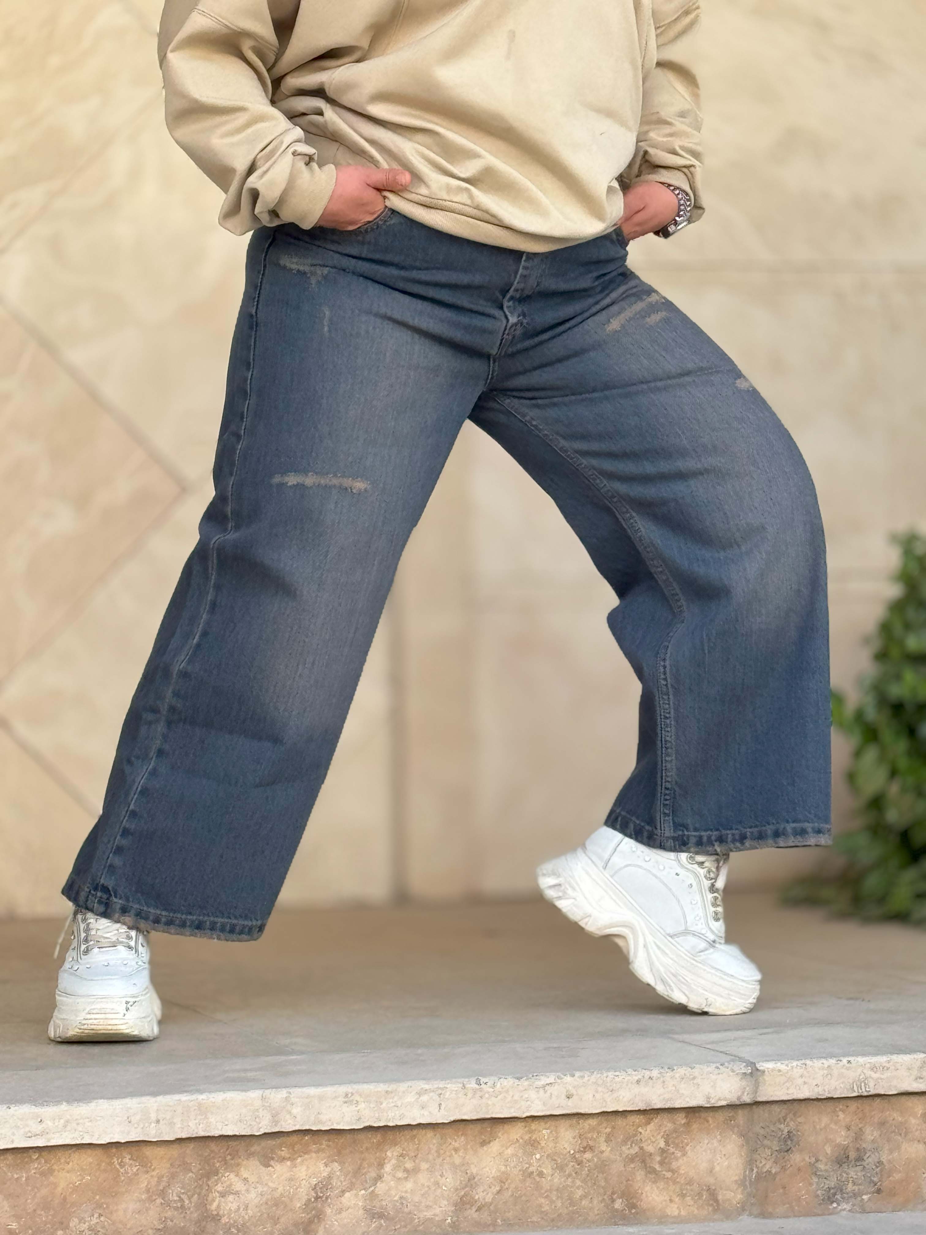 شلوار جین بگ سورمه ای زنانه قد ۹۰ زاپدار