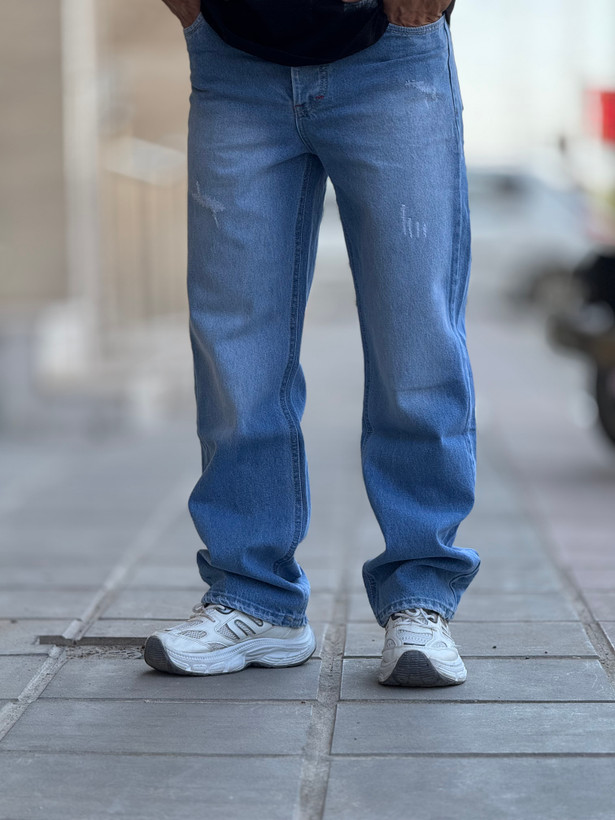 شلوار جین نیم بگ مردانی آبی روشن زاپدار