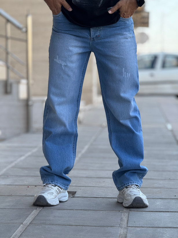 شلوار جین نیم بگ مردانی آبی روشن زاپدار